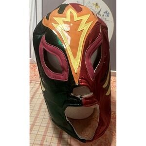 Lucha Libre Mask Vinyl Back Lace Up Red Green Multi Sparkle Flame Adult Size